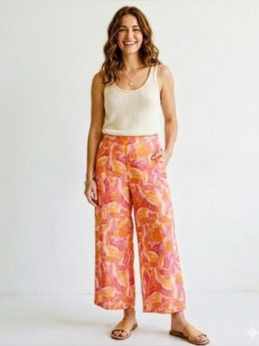 Cynthia Rowley Linen Cropped Floral Vacation Beach Pants